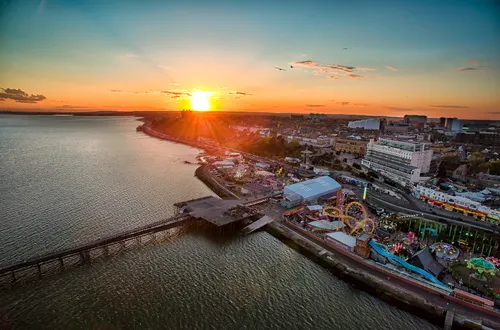 Aerial photo of Southend-on-Sea sea front, pier and horizon