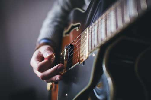 Close up photo of a hand and plectrum strumming on a guitar